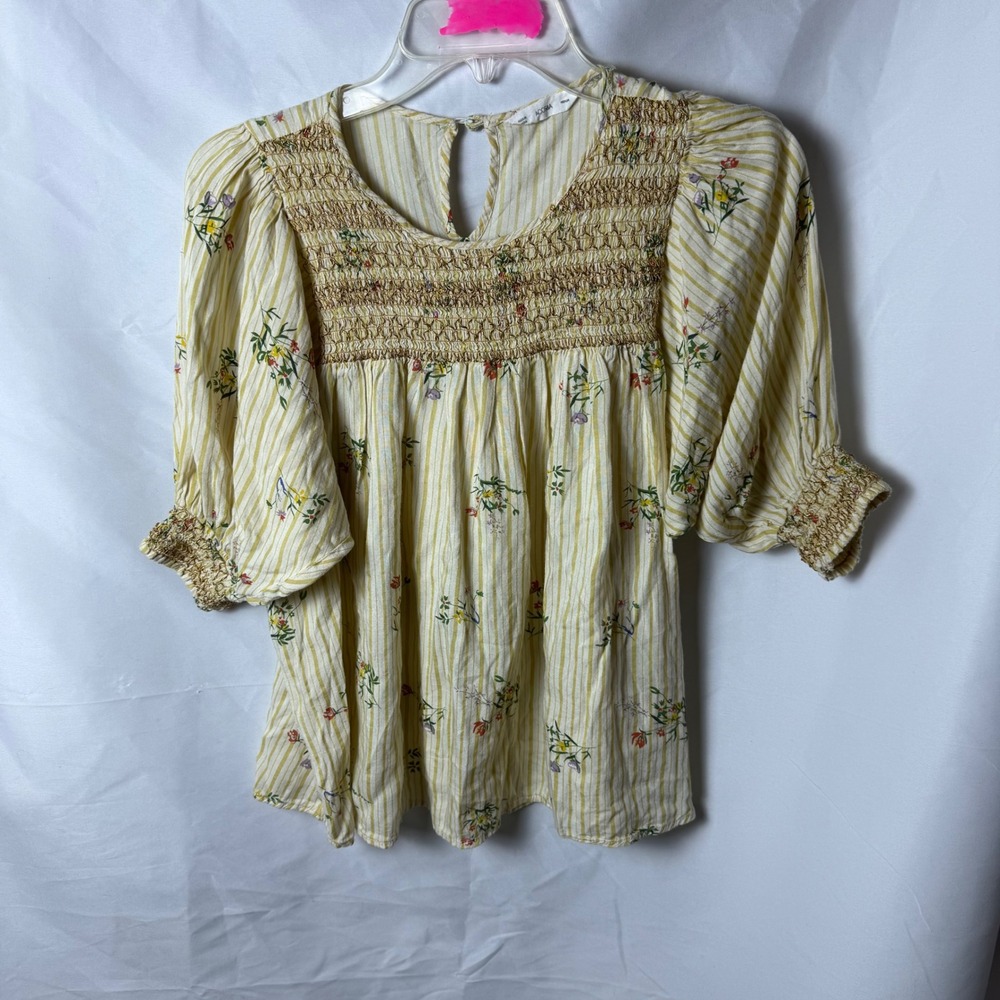 ACOS&A Yellow Floral Stripe Smocked‎ Peasant Blouse Top Size Medium Cottagecore
